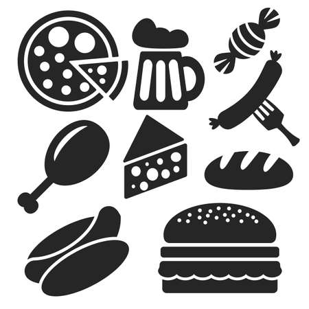 Set of food and drink universal web and mobile logo icons isolated on white. Vector symbols of candy, sausage, fork, bread, cheese, pizza, beer, hamburger, hot dog, chicken legのイラスト素材