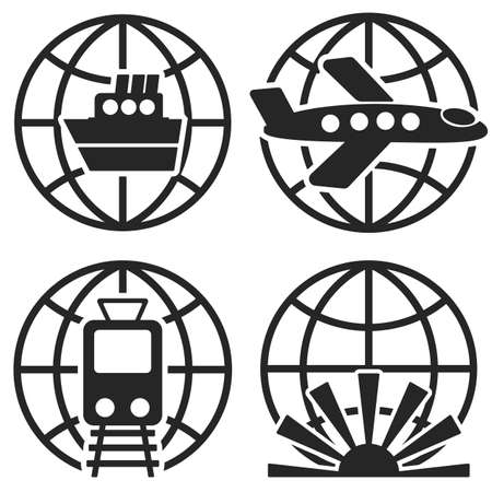 Ship Plane Train and Globe Sign. Vector logo templates. Design elements.のイラスト素材