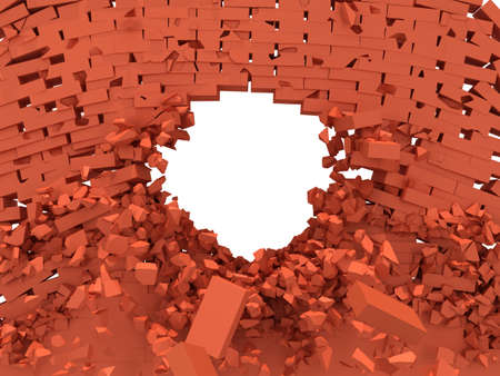 Broken brick wall with hole on white back. Template for your design or text. Crash, demolition,...