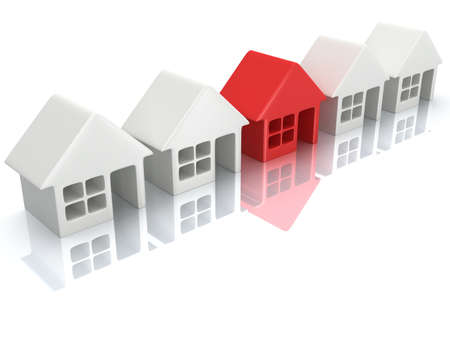 Real estate, rent, building, home, out of crowd concept. Row of white blank houses with red one. 3d render icon.の写真素材