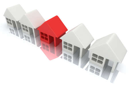 Real estate, rent, building, home, out of crowd concept. Row of white blank houses with red one. 3d render icon.の写真素材