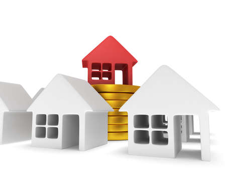 White blank houses and red one on stack of coins. Real estate, rent, building, out of crowd, home, mortgage, money concept. 3d render icon.の写真素材
