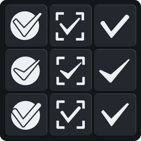 Set of 9 check marks vector web and mobile icons in flat design. Ticks in boxes conceptual of confirmation acceptance positive passed voting agreement true or completion of tasks on a listのイラスト素材