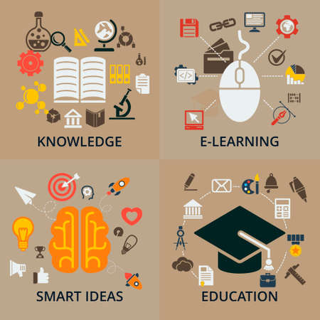 Set of 4 vector concept icons for education. Icons for education, smart ideas, e-learning and knowledgeのイラスト素材