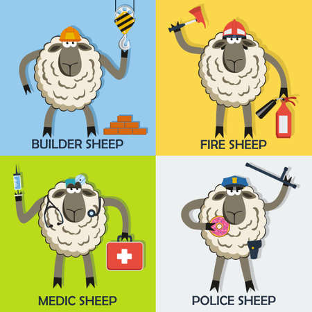 Sheep professional character vector set with doctor, fireman, police sergeant and construction workerのイラスト素材