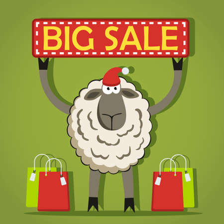 Christmas illustration of cartoon Santa Sheep with Big Sale banner and paper bags. Vectorのイラスト素材