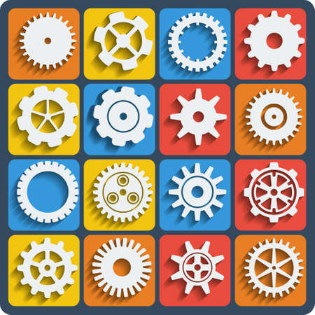 Gears shapes vector set, tooth wheels icons with blend shadows for web and appのイラスト素材