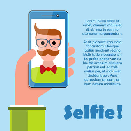 Selfie poster with hipster holding smartphone with self portrait picture illustrationのイラスト素材