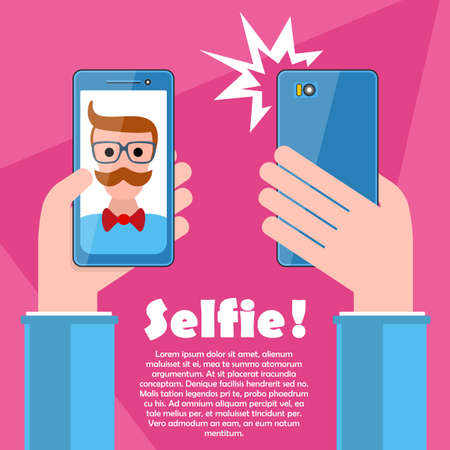 Selfie poster with hipster holding smartphone with self portrait picture illustrationのイラスト素材
