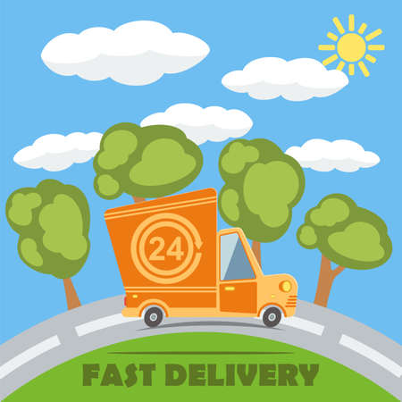 Fast delivery van truck with 24 hour vinyl on the road with trees, clouds and sunのイラスト素材