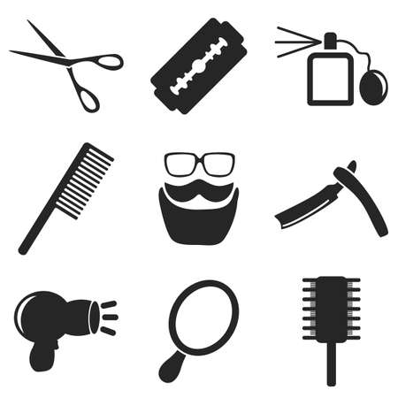 Barber web and mobile icons collections. Vector symbols of shaver, razor, blade, scissors, mustacheのイラスト素材