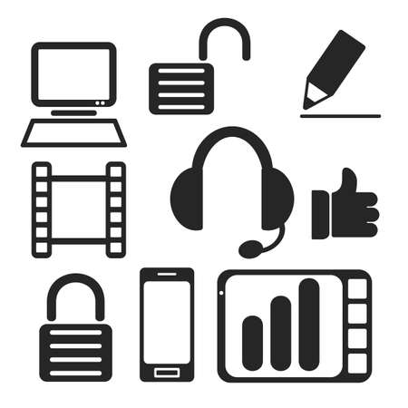Set of interface vector universal web and mobile icons isolated on white back. Symbols of diagrams, headset, smartphone, computer, tablet PC, pencil, video frame, lock, unlockのイラスト素材