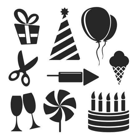 Fiesta web and mobile icons isolated on white. Symbols of gift, scissors, wineglass, festive cap, cake, candles, ice cream, balloons, whirligig, fireworksのイラスト素材