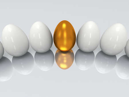 Golden egg in a row of the white eggs. 3D render. Easter, out of crowd, business conceptの写真素材