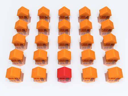 Orange houses and red one with reflection. 3d render icon.の写真素材