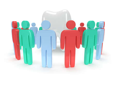 Colored people in circle around tooth chain within. 3D render