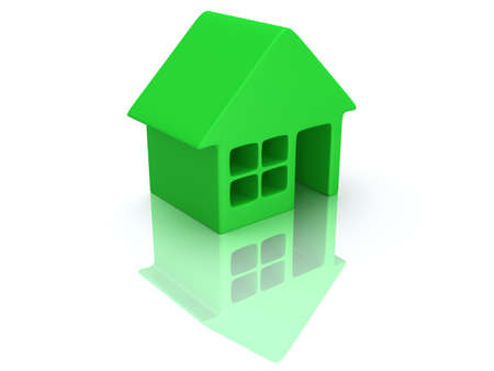Real estate, rent, building, home concept. Green house with reflection. 3d render icon.の写真素材