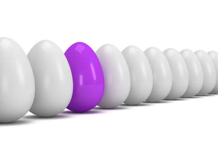 Purple egg in a row of the white eggs. 3D render. Easter out of crowd business conceptの写真素材