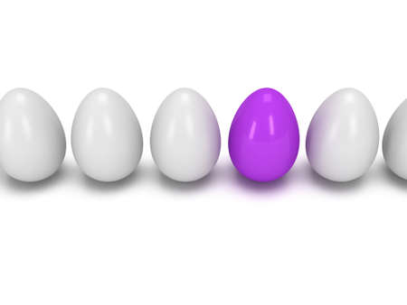 Purple egg in a row of the white eggs. 3D render. Easter out of crowd business conceptの写真素材