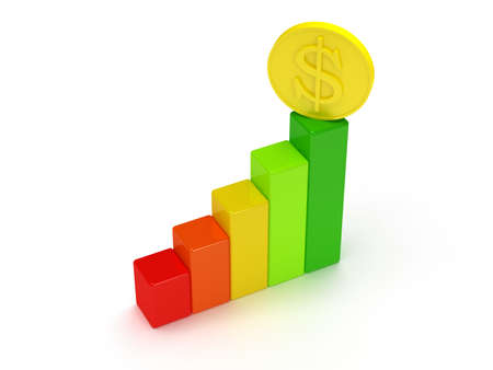 3d colored vector bar graph with dollar coin on whiteの写真素材