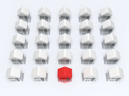 Real estate, rent, building, out of crowd home concept. White blank houses and red one with reflection. 3d render icon.の写真素材