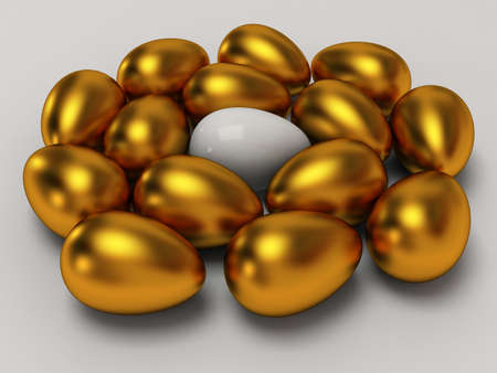 Unique white egg among gold eggs. 3D render. Easter, out of crowd, business concept.の写真素材