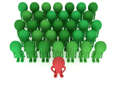 Brave red leader before a crowd before a green crowd. Isolated on white 3d render. Leader, out of crowd concept.の写真素材