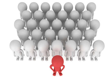 Brave red leader before a crowd before a white crowd. Isolated on white 3d render. Leader, out of crowd concept.の写真素材