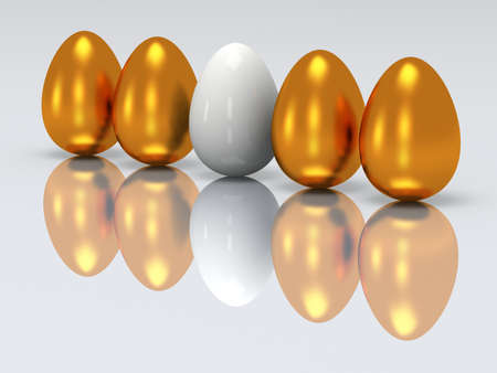 White egg in a row of golden eggs. 3D render. Easter, out of crowd, business conceptの写真素材