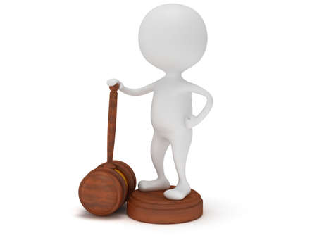 3D man satand with wooden gavel. Judge, Law, Auction, Business concept. 3d Render. Isolated white background.の写真素材