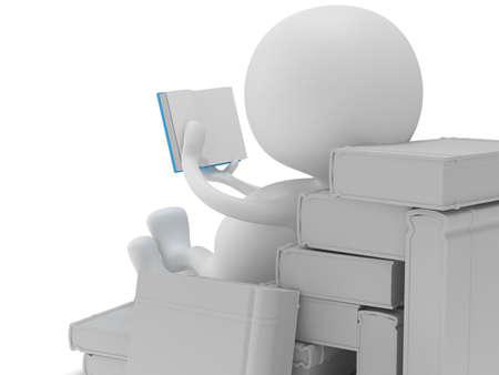3d Man reading book on white background. Studing illustration. Back to school. Education concept.の写真素材