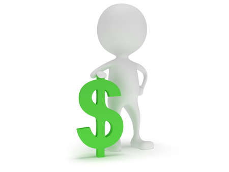3d white man stand with green dollar sign. Render isolated on white. Money concept.の写真素材