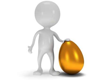3d white man standing next to gold egg. Render isolated on white. Easter egg concept.の写真素材