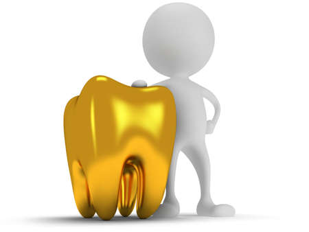 3d white man standing next to tooth. Render isolated on white. Medical, dental concept.の写真素材
