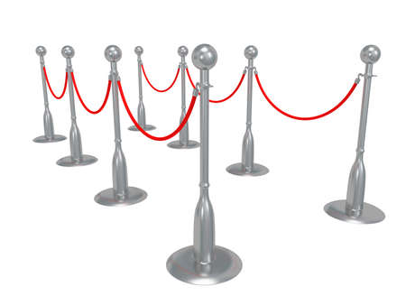 Silver rope barrier - 3d render. Fence with red rope isolated on white. Luxury, VIP conceptの写真素材