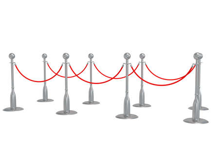 Silver rope barrier - 3d render. Fence with red rope isolated on white. Luxury, VIP conceptの写真素材
