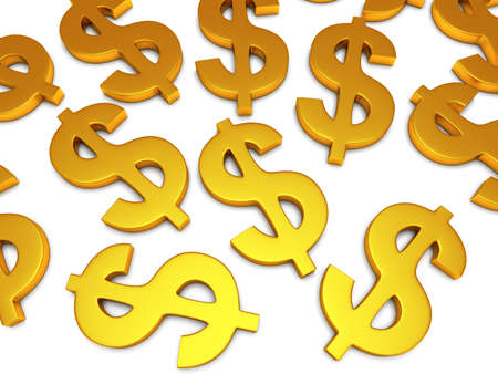 Golden dollar signs on white. 3d render isolated on white background. Money, rich, business conceptの写真素材