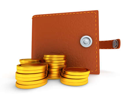 3d render of open brown leather wallet and coins over white backgroundの写真素材
