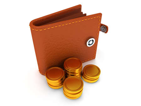 3d render of open brown leather wallet and coins over white backgroundの写真素材