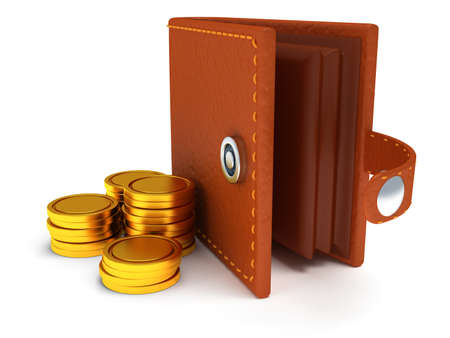 3d render of open brown leather wallet and coins over white backgroundの写真素材