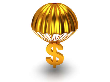 Golden parachute with dollar sign isolated on white. Money, rich, business, retirement conceptの写真素材