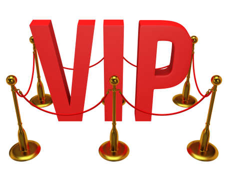 Huge 3d letters VIP and golden rope barrier isolated on white 3d render. Very important person concept.の写真素材