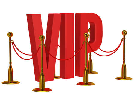 Huge 3d letters VIP and golden rope barrier isolated on white 3d render. Very important person concept.の写真素材