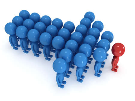 Group of stylized blue people with red teamleader stand on white in arrow form. Isolated 3d render...