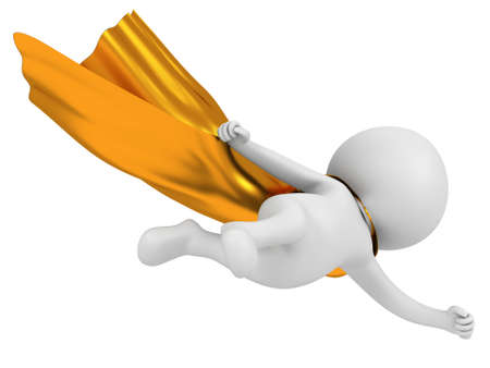 Man brave superhero with gold cloak flying above. Isolated on white 3d render. Flying, power, freedom concept.の写真素材