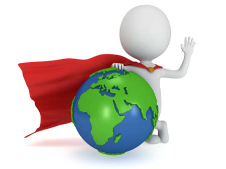 Brave superhero traveler stand near world sphere. Isolated on white 3d render. Business, manager, earth concept.の写真素材