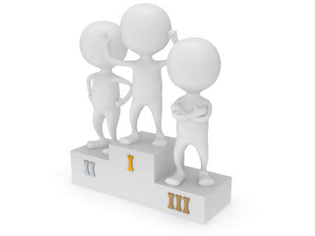 Winners on sports podium for the first, second and third place isolated on white. Stylized white people raise hands up.  3D render.の写真素材