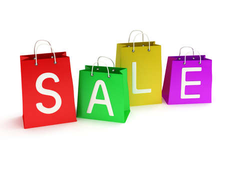 four classic colored shopping bags with handles with inscription promote sale isolated on white. (3d render)の写真素材