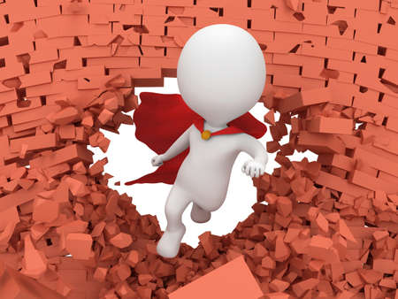 Man brave superhero with red cloak flying forward through broken brick wall with hole. 3d render. Heroic, freedom conceptの写真素材