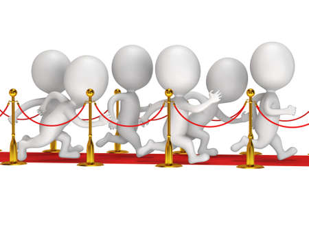 People run on red event carpet with golden rope barriers. 3D render isolated on white. Chase, pursuit of happyness, glory and success concept.の写真素材